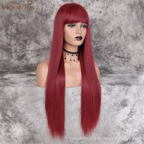 Vigorous Long Straight Wig with Bangs Wine Red Color Synthetic Hair Wigs for Women Heat Resistant Fiber Wholesale Price